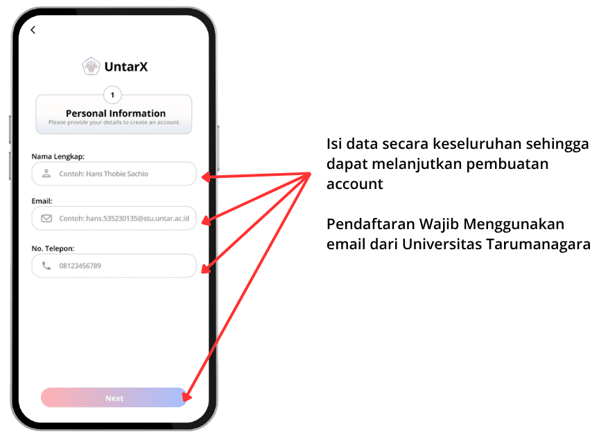 Isi Data Diri di aplikasi UntarX