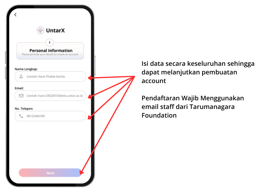 Isi Data Diri di aplikasi UntarX